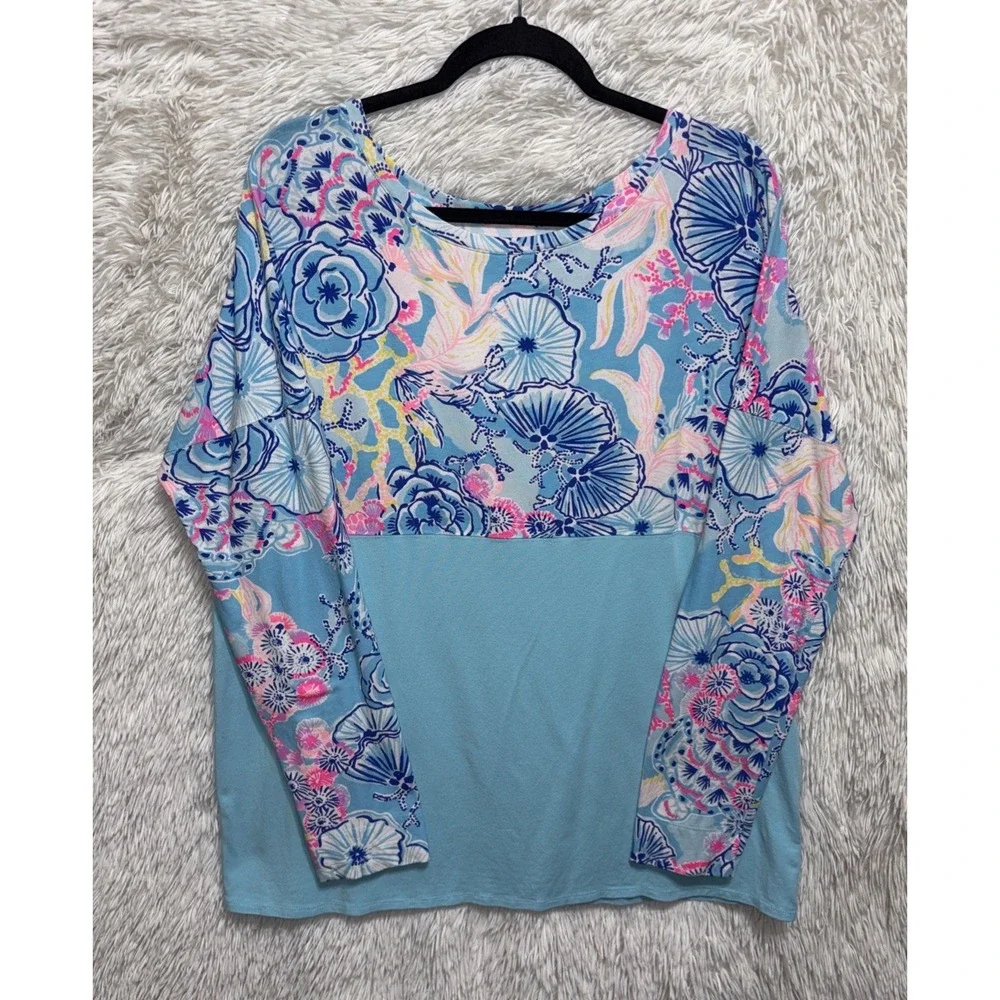 Lilly Pulitzer Finn Top Women's XL Blue Floral Boat Neck Long Sleeve Pima Cotton - Picture 5 of 7